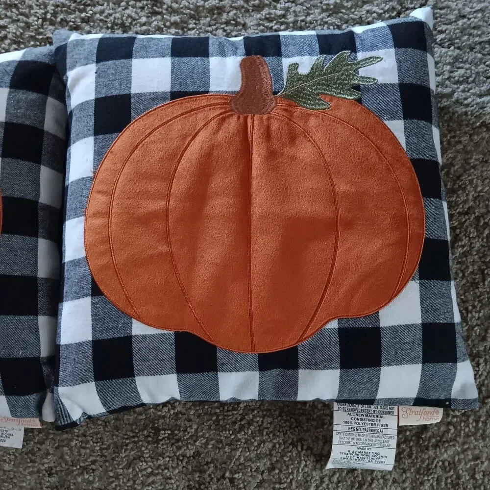 Stratford Home 2 Pumpkin Fall Throw Pillows Buffalo Plaid 18x18 Autumn Decor